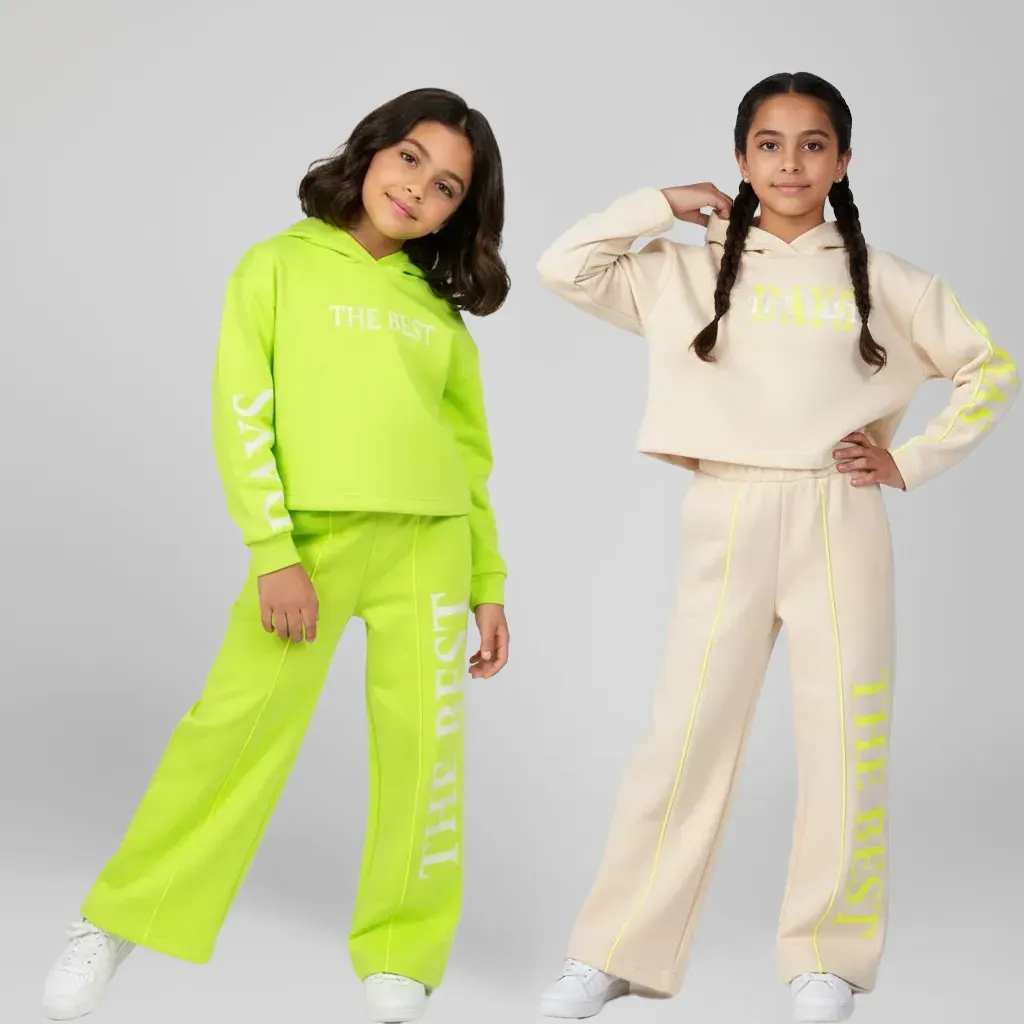 Girls' Two-Piece Winter Outfit Crop Hoodie And Wide-Leg Pants
