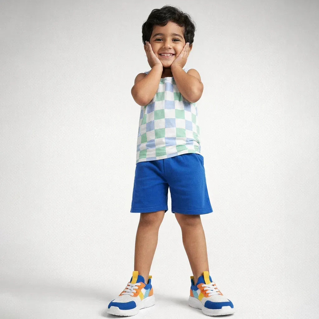 Kids summer cotton pajama set Green & Sky-Blue checkered Design