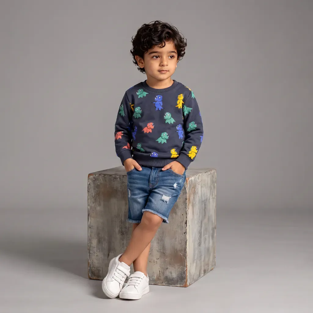 Imported baby boys' fleece-lined dinosaur winter t shirt Dark Navy