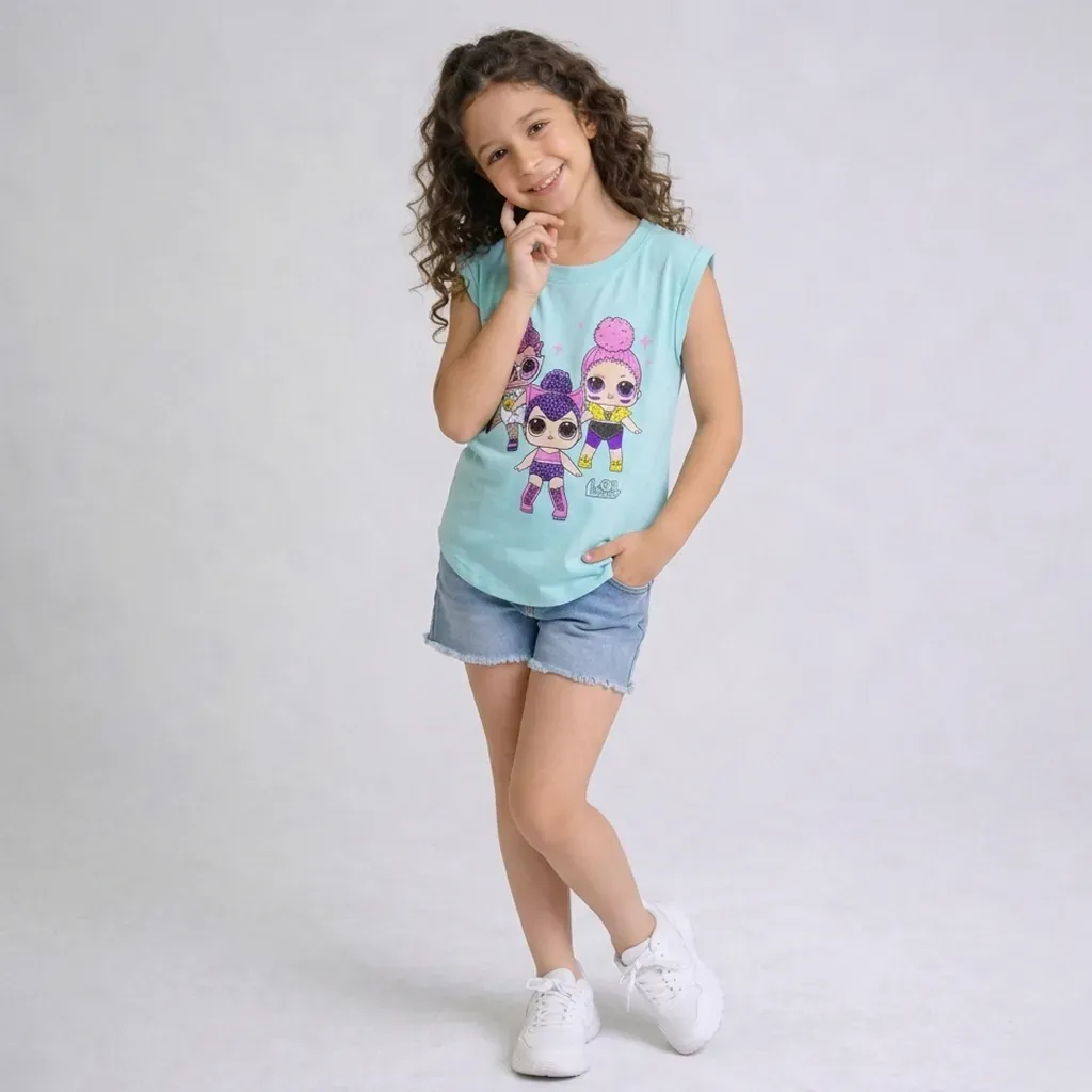 Girl sleeveless cotton oval-cut T-Shirt Sky Blue (Light Blue)