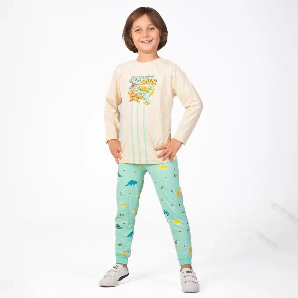 Boys Autumn Cotton Pajama Set Dinosaur Design Cozy Warm