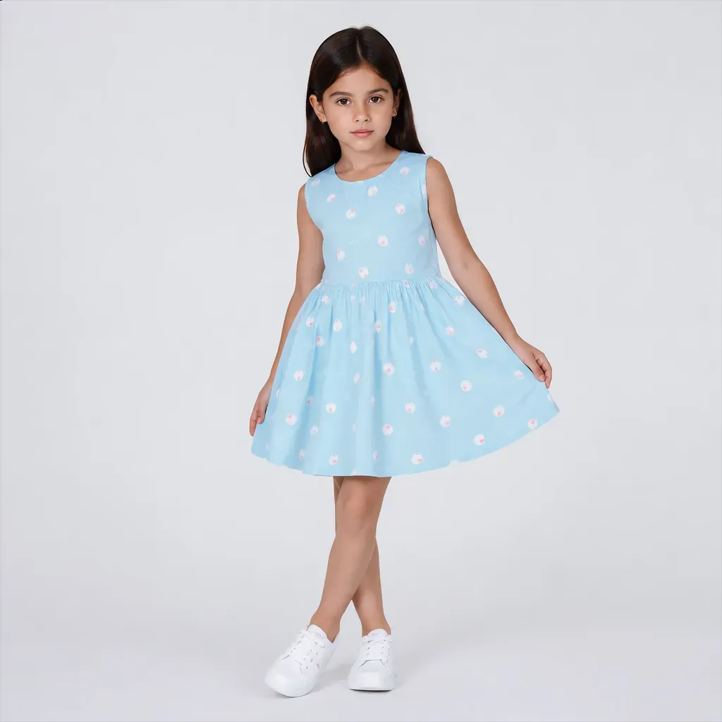 Sleeveless Light Blue Summer Printed Dress - Imported