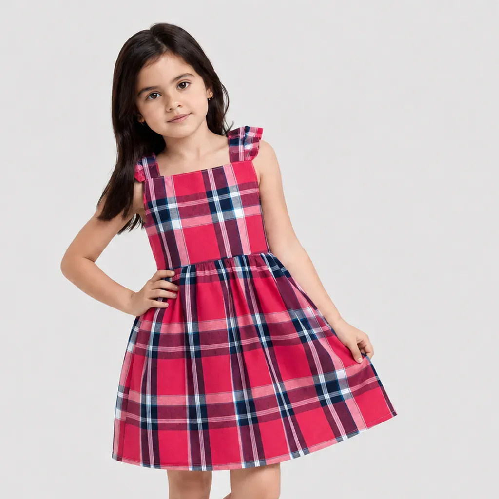 Fuchsia Plaid Summer Ruffled Dress - Imported