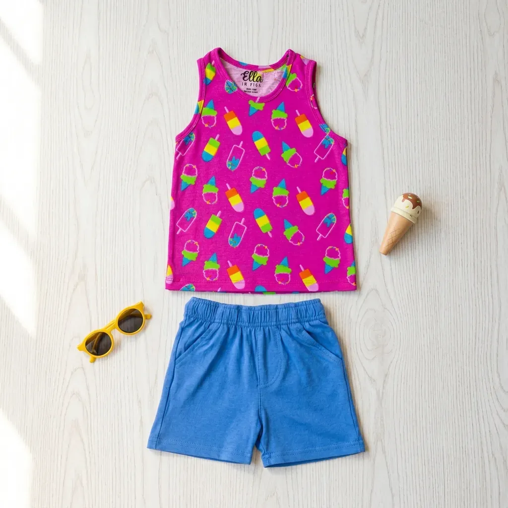 Girls or Boys cotton summer pajama cat design T-shirt with fuchsia and blue shorts