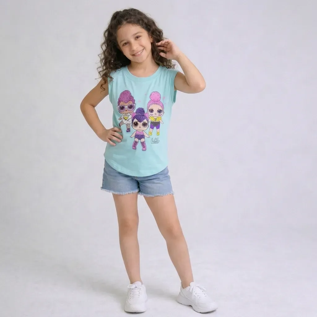 Girl Sleeveless Cotton Oval-Cut T-Shirt Sky Blue (Light Blue)