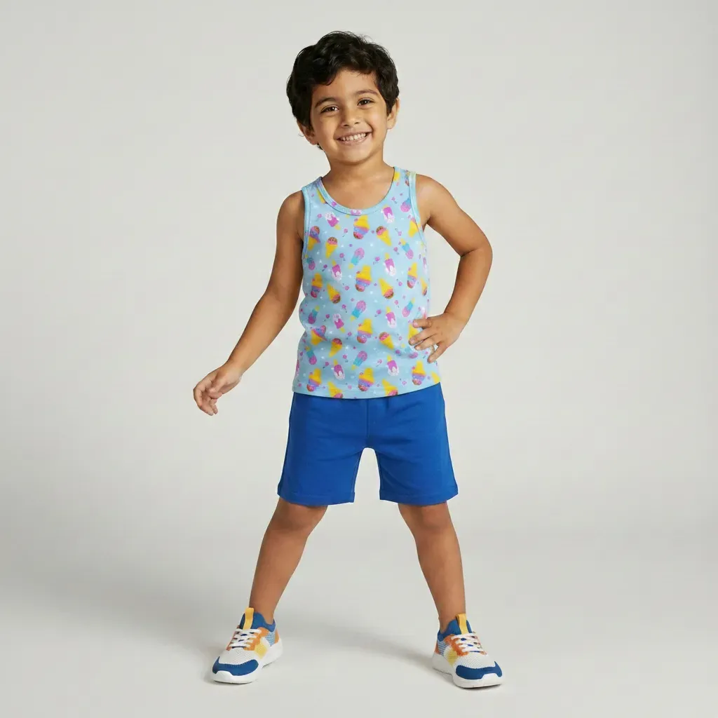 Kids summer home set sleeveless top & shorts with Ice Cream print sky blue with blue shorts