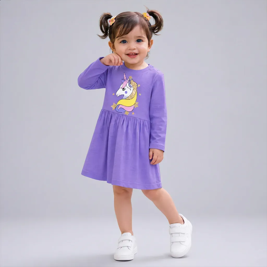 Toddler Girls' Purple Unicorn Long Sleeve Dress - Imported