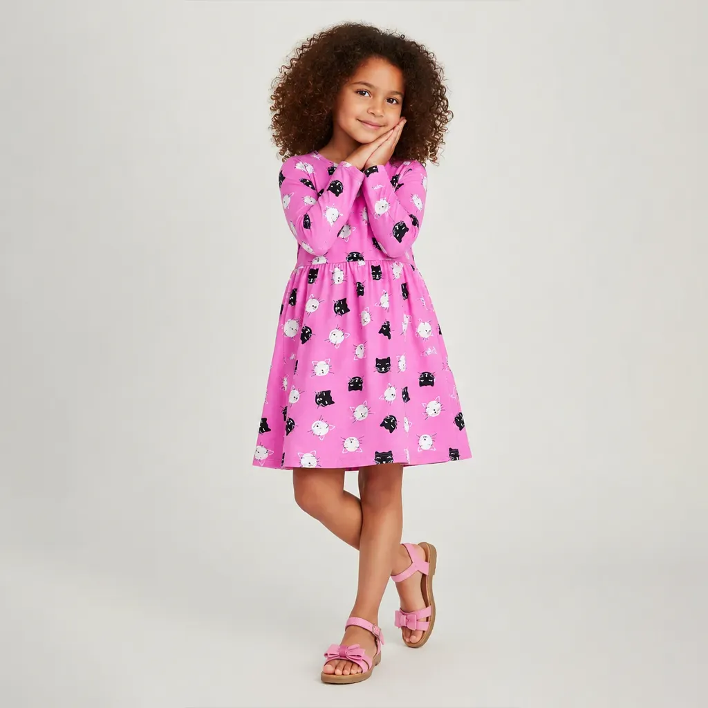 Pink patterned dress Long-Sleeve  Autumn & Winter