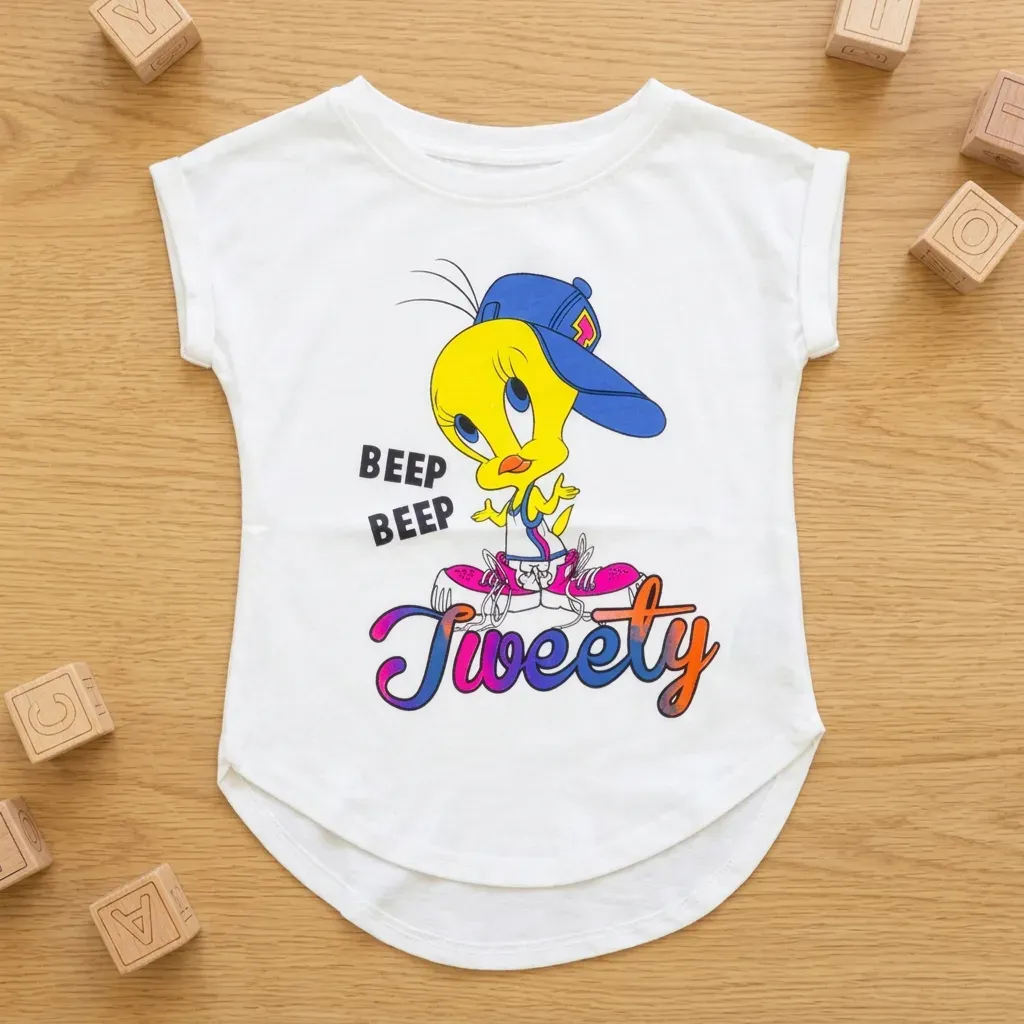 Girls Cotton Sleeveless Oval Tweety Cut T-Shirt – White