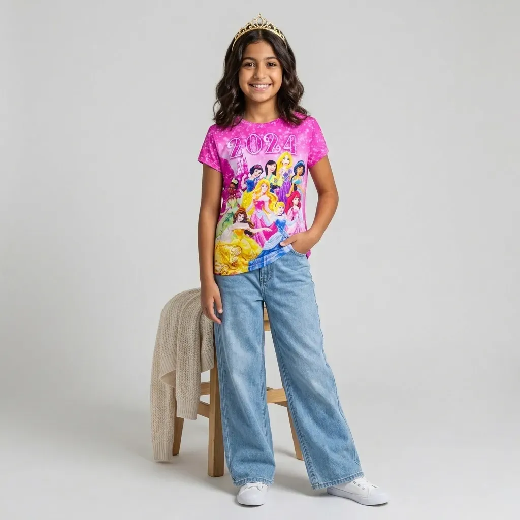 Girls Summer T-Shirt with All-Over Disney Print Pink | Nebu Kids