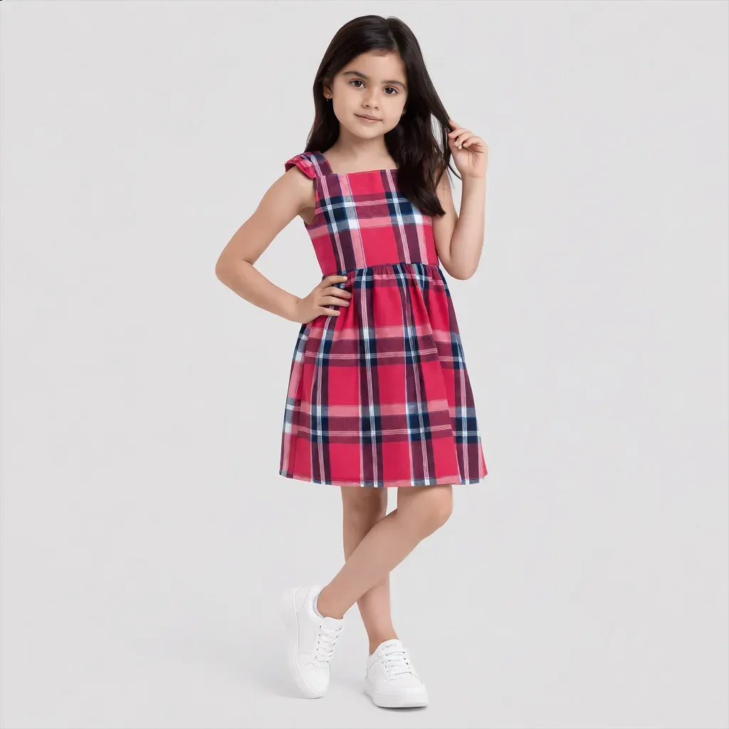 Fuchsia Plaid Summer Ruffled Dress - Imported