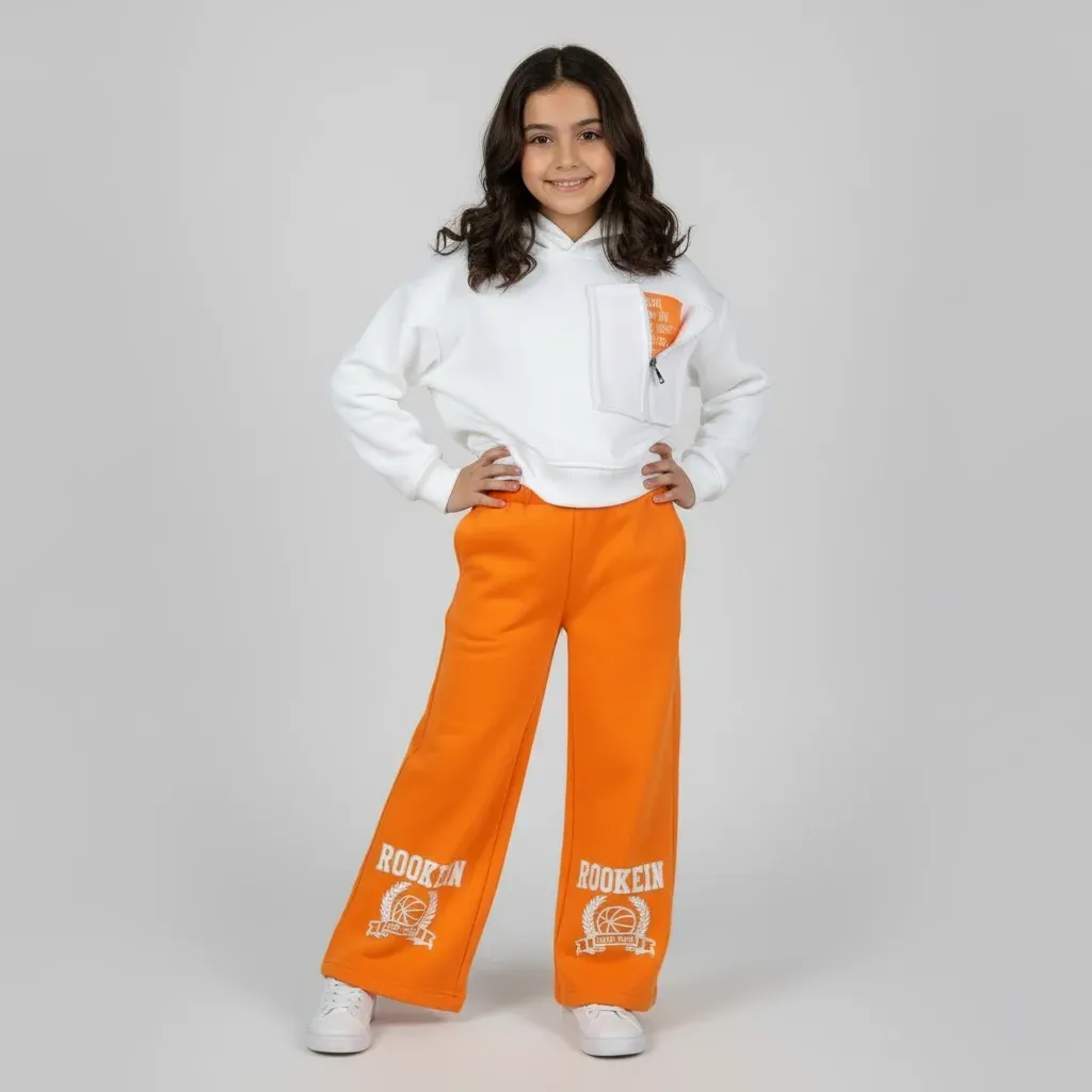 Girls' Winter Casual Set  White Front-Pocket Hoodie & WideLeg Pants
