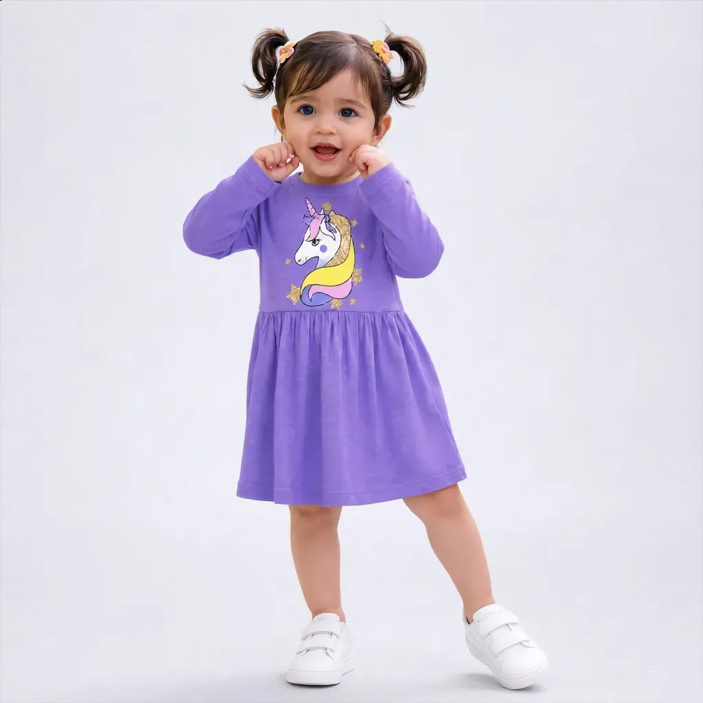 Toddler Girls' Purple Unicorn Long Sleeve Dress - Imported