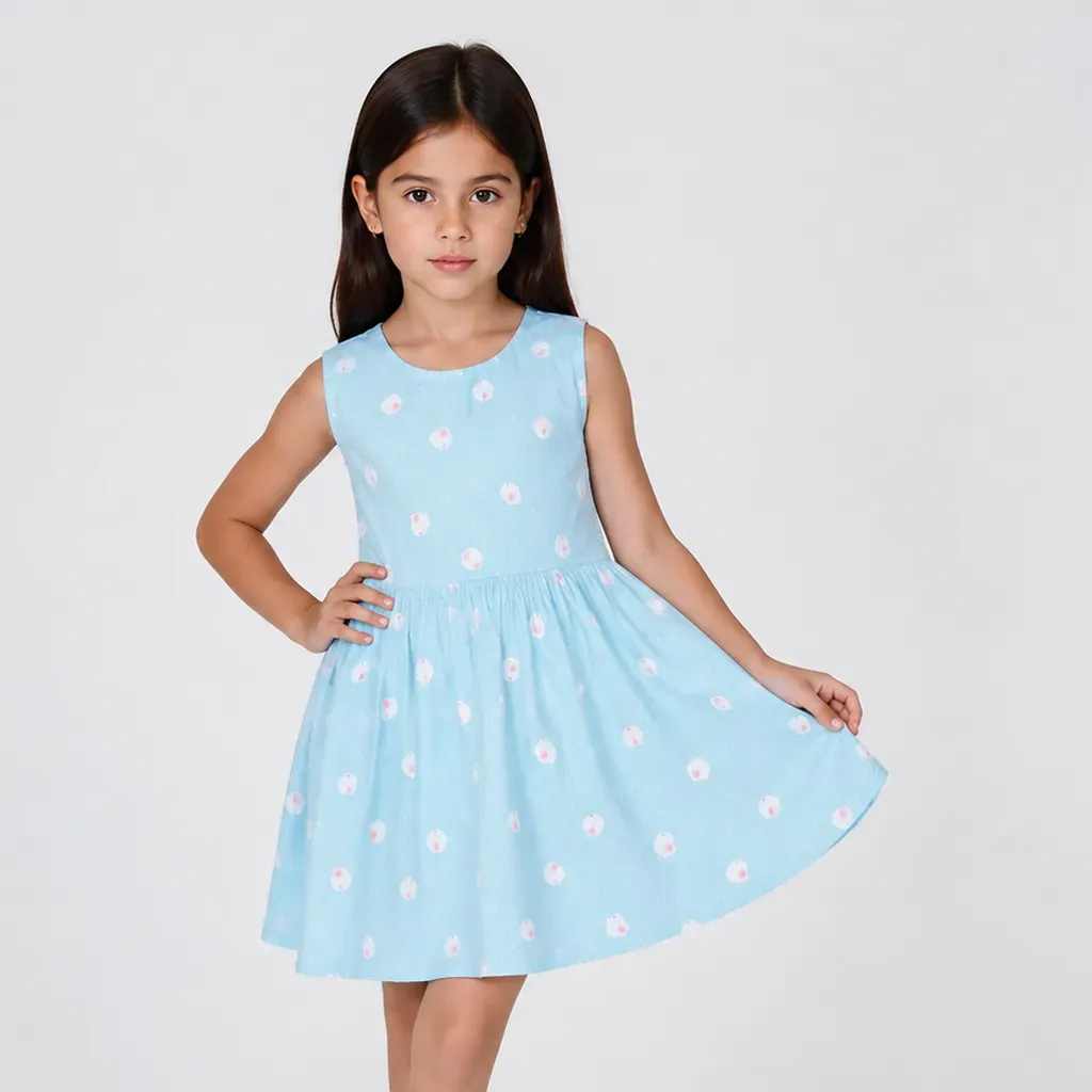 Sleeveless Light Blue Summer Printed Dress - Imported