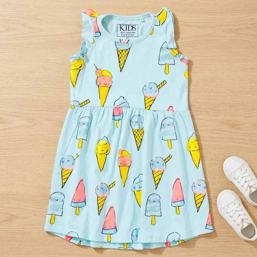 Cotton Dress with Colorful Ice Cream Print | Nebu Kids