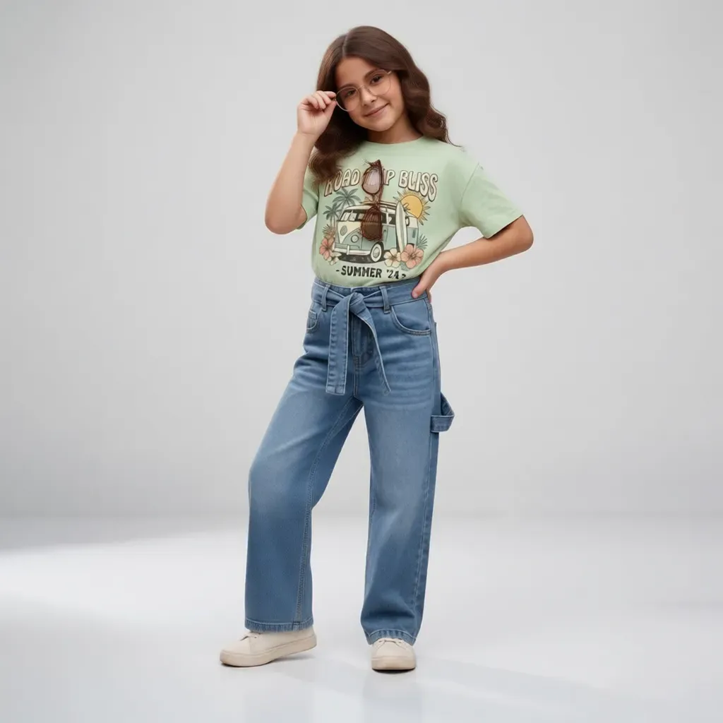 Tween Girls Blue Wide-Leg Denim Jeans with Waist Belt