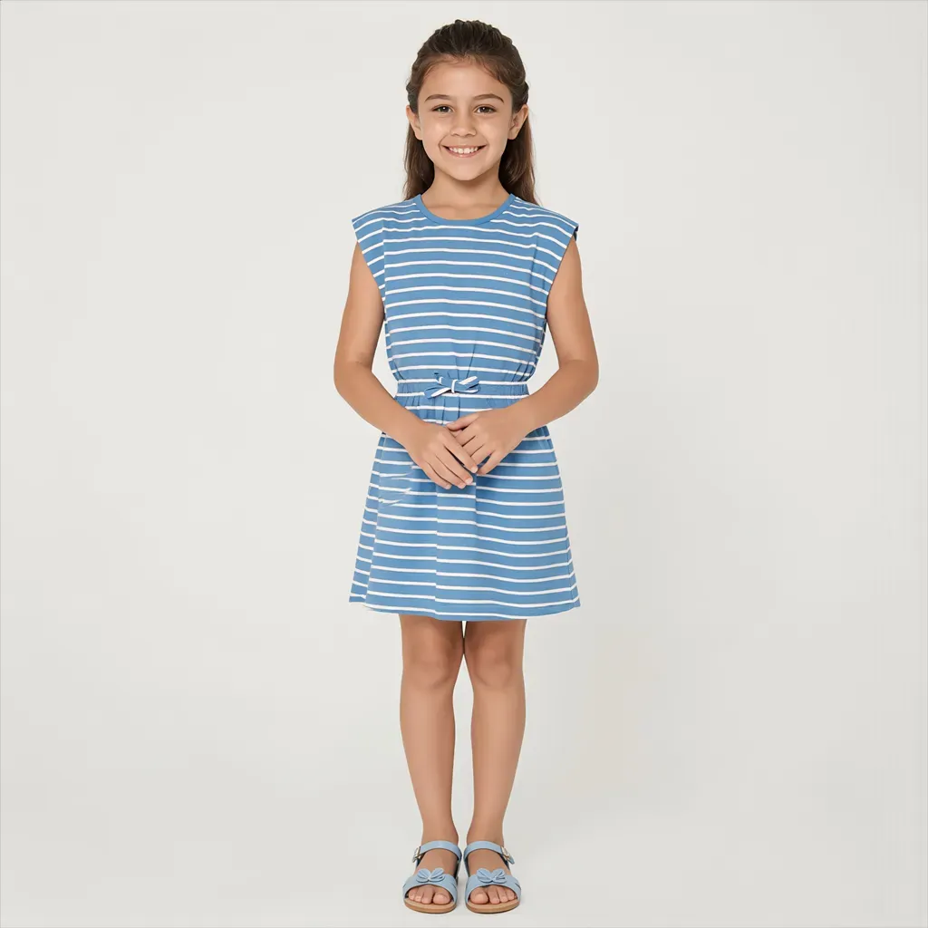 Blue & White Striped Dress with Waist Tie |  Kids' Outing Dress - Imported