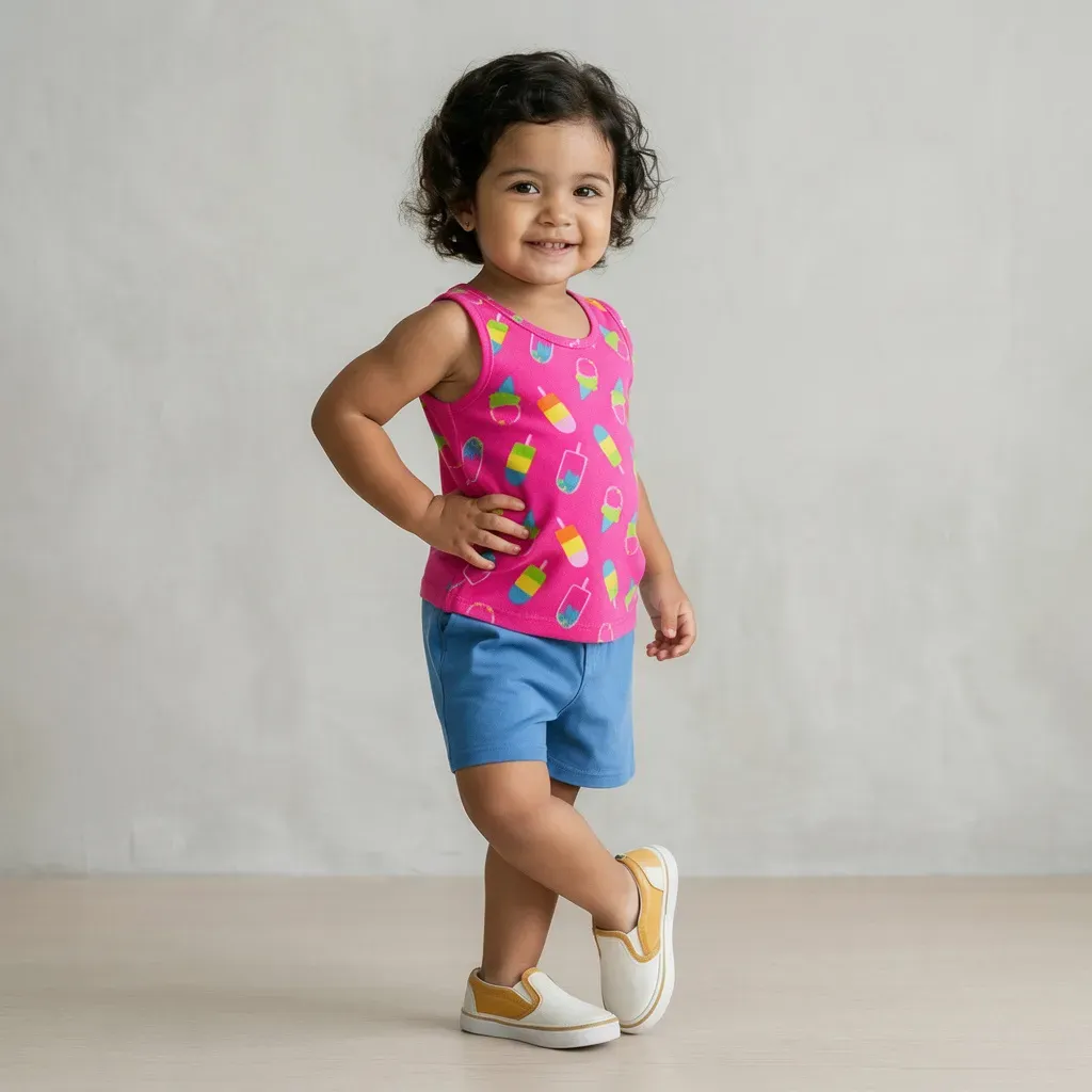 Girls or Boys cotton summer pajama cat design T-shirt with fuchsia and blue shorts