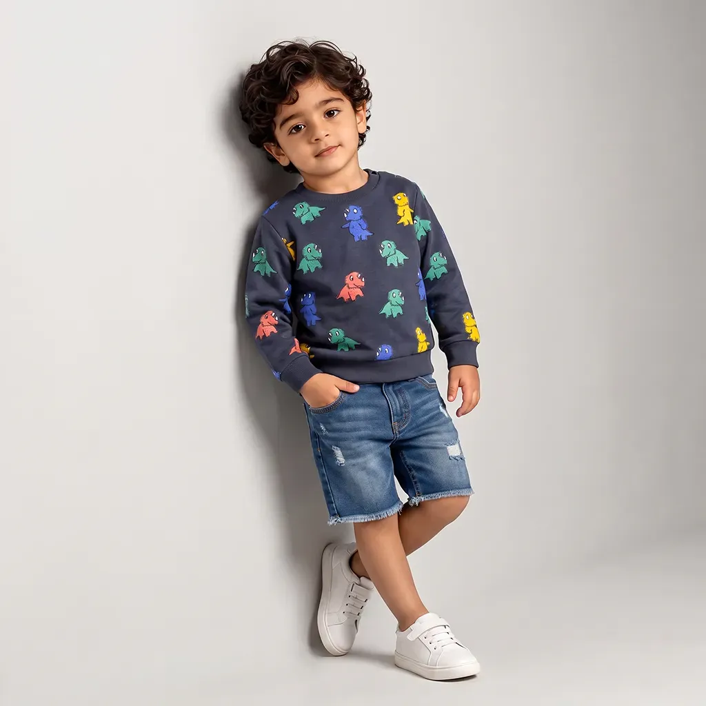Imported baby boys' fleece-lined dinosaur winter t shirt Dark Navy