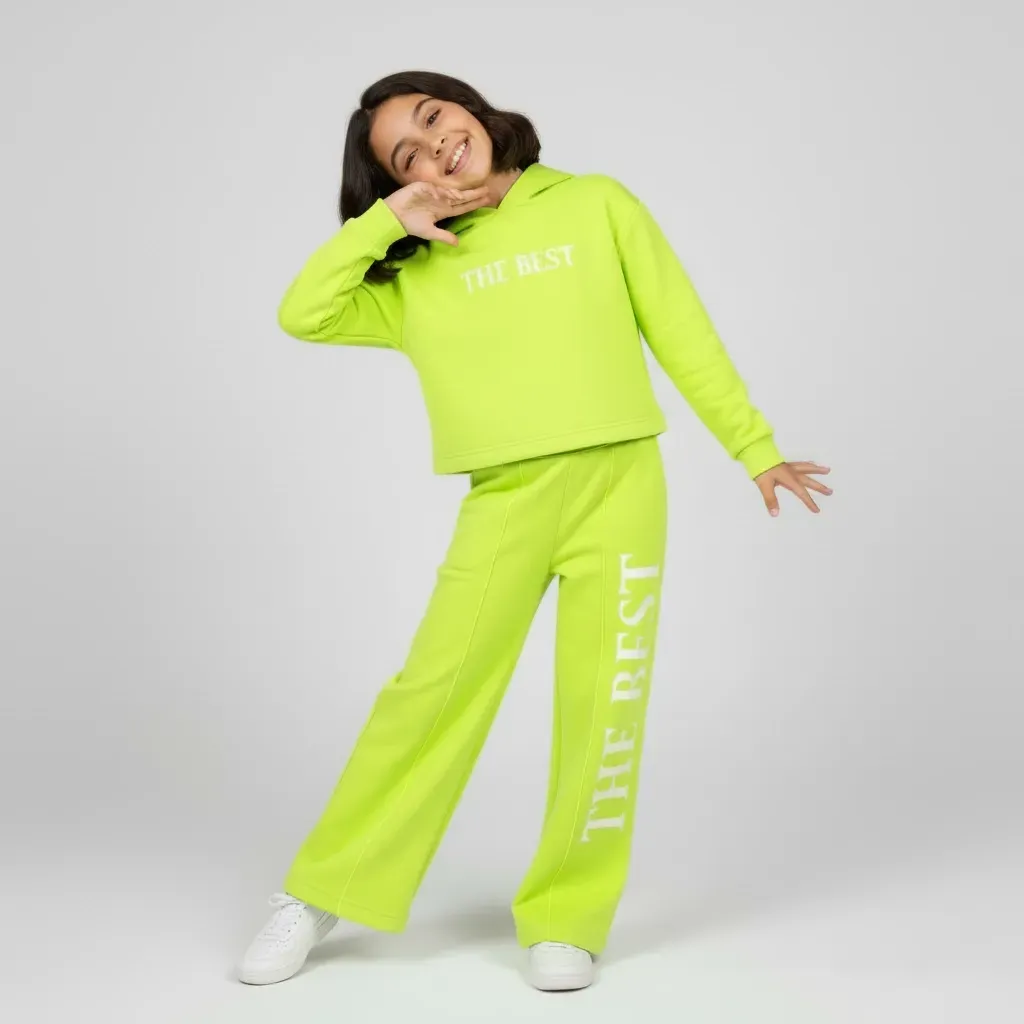 Girls' Two-Piece Winter Outfit Crop Hoodie And Wide-Leg Pants
