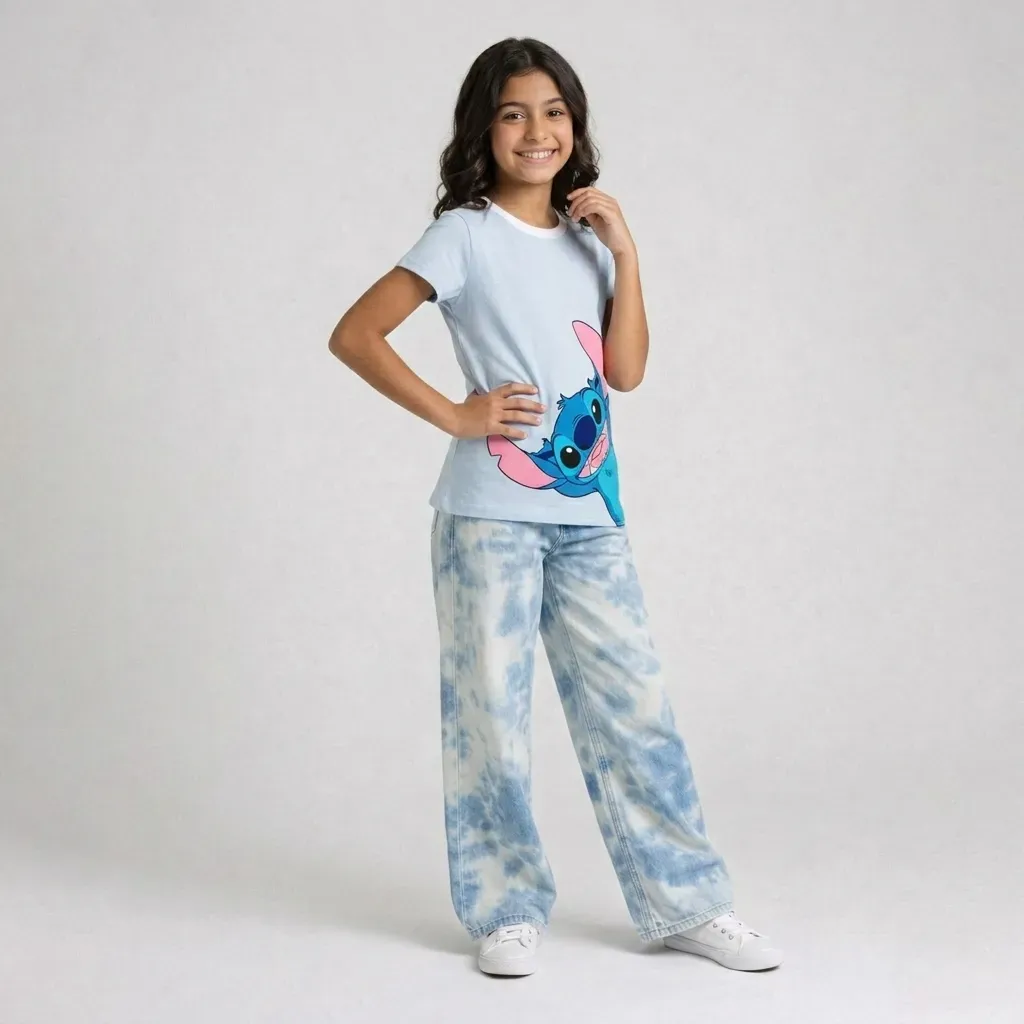 Girls Cotton Stitch T-Shirt  Slim Fit Light Blue