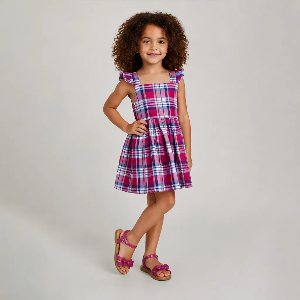 Colorful Summer Plaid Dress with Gathered Waist & Flared Skirt