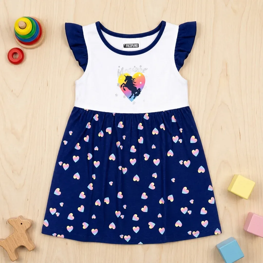 Girls' White and Navy Unicorn Summer Dress - Imported