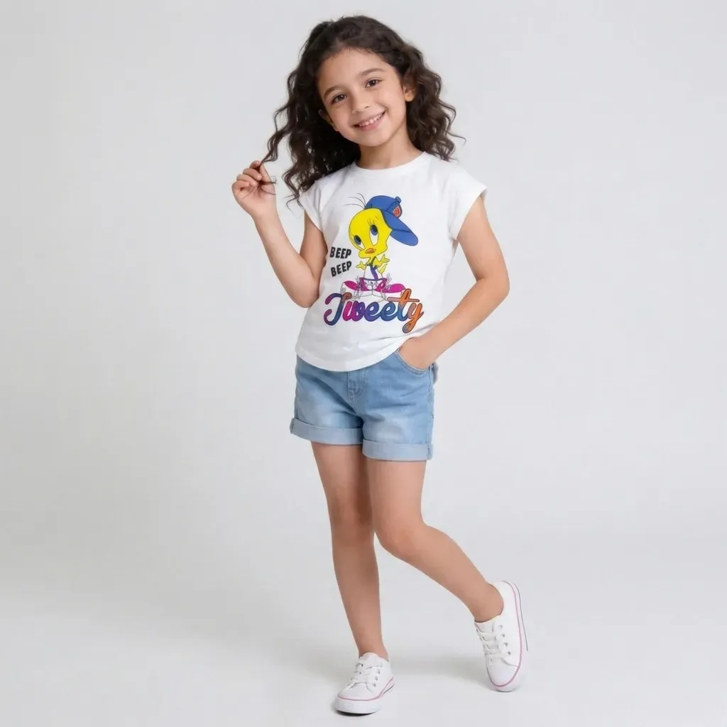 Girls Cotton Sleeveless Oval Tweety Cut T-Shirt – White