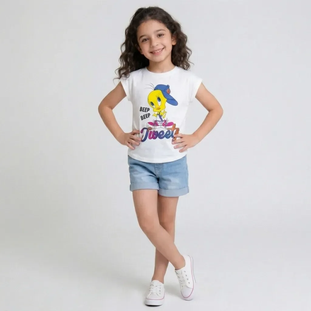 Girls Cotton Sleeveless Oval Tweety Cut T-Shirt – White