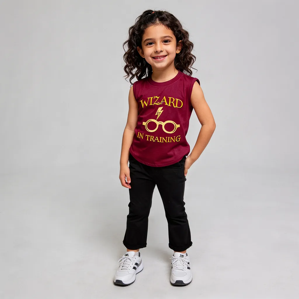 Girls Sleeveless Cotton Kids T-Shirt – Harry Potter Print – Burgundy
