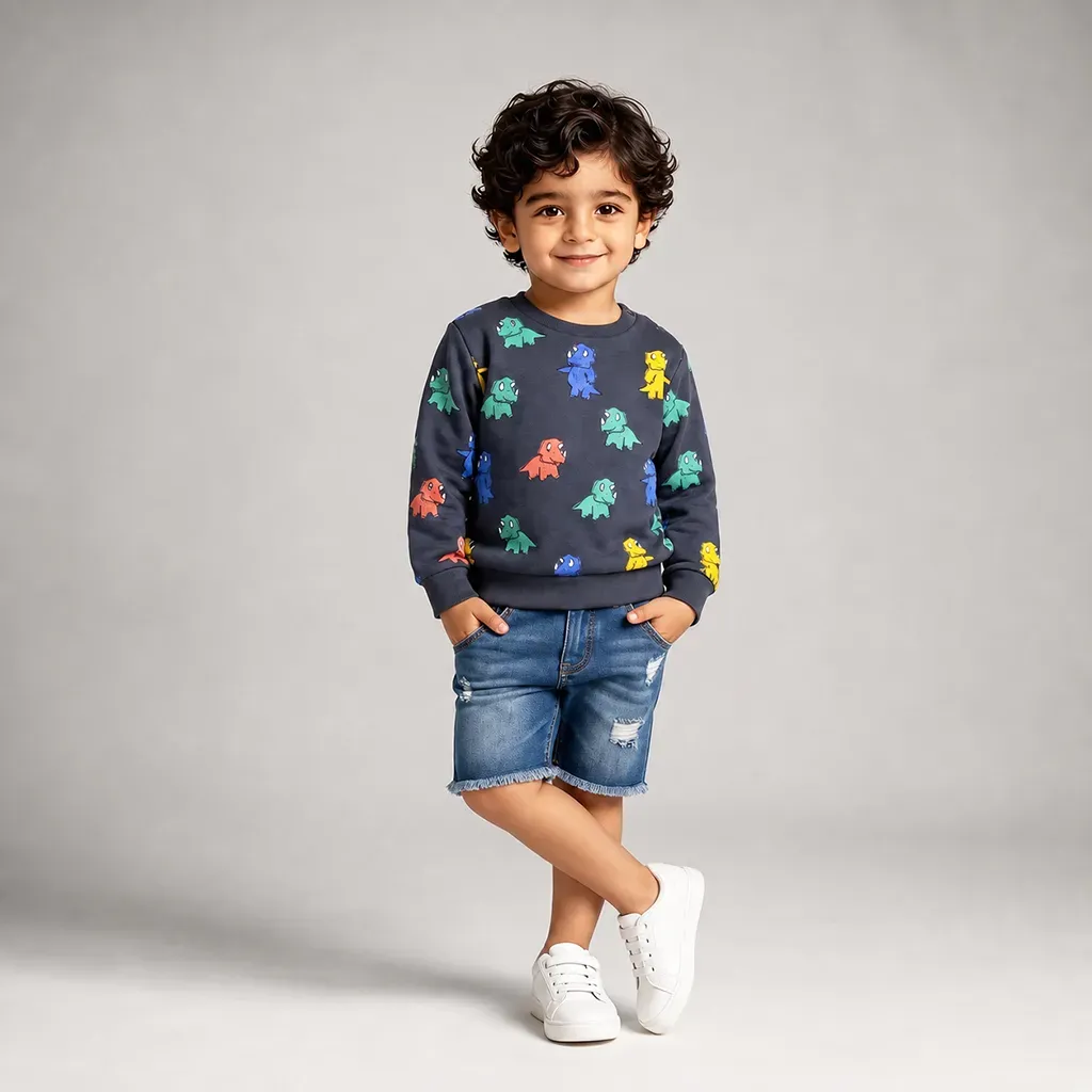 Imported baby boys' fleece-lined dinosaur winter t shirt Dark Navy