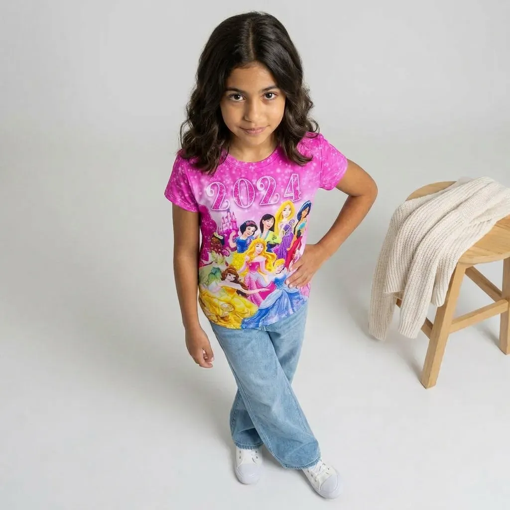 Girls Summer T-Shirt with All-Over Disney Print Pink | Nebu Kids
