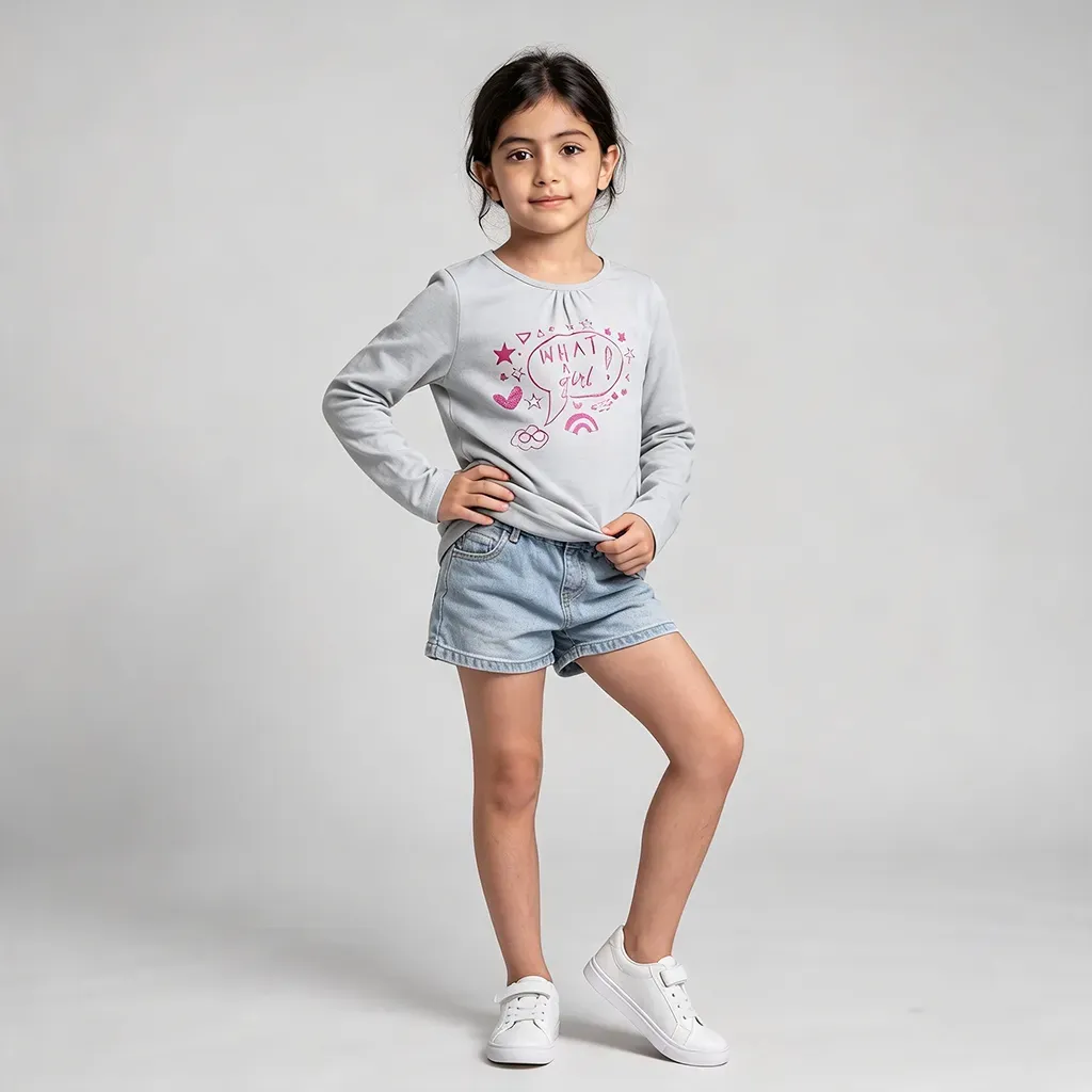 Girls' grey long-sleeve cotton graphic t-shirt