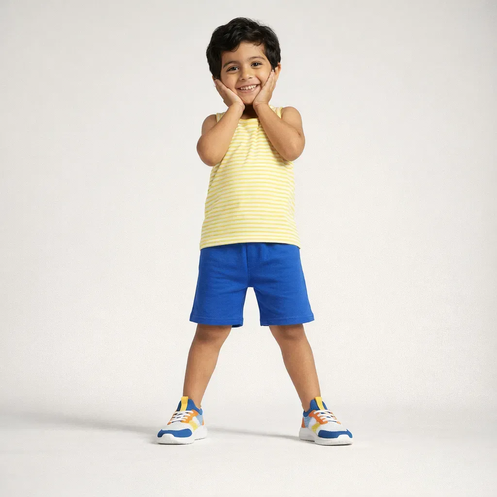 Kids summer cotton pajama set Yellow & White sleeveless with shorts (boy & girl)