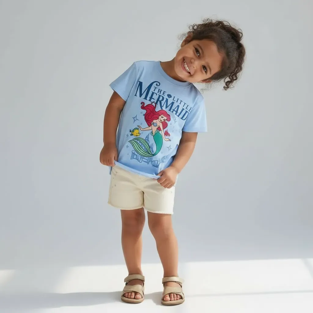 Girls Summer Cotton T-Shirt – Little Mermaid Print – Sky Blue