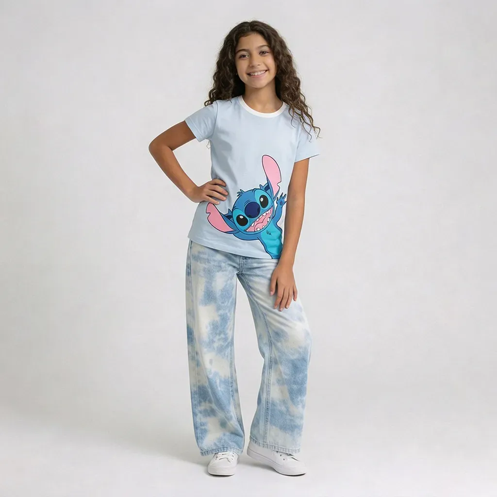 Girls Cotton Stitch T-Shirt  Slim Fit Light Blue