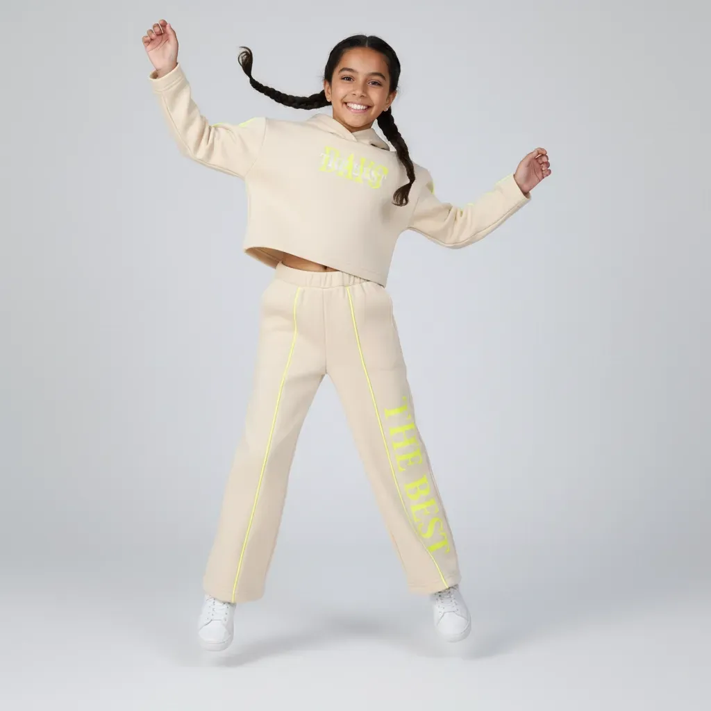 Girls' Two-Piece Winter Outfit Crop Hoodie And Wide-Leg Pants