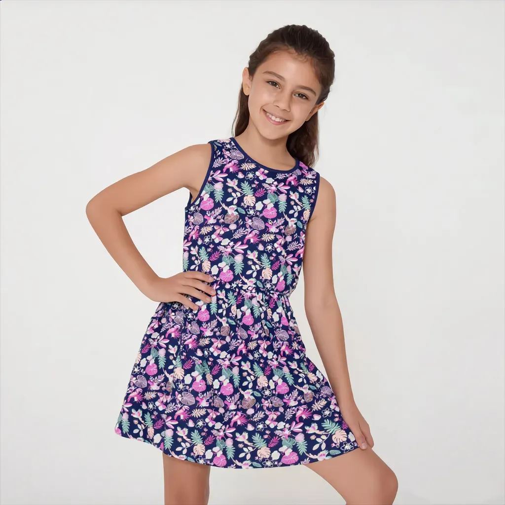 Sleeveless Navy Floral Summer Dress for girl's - Imported