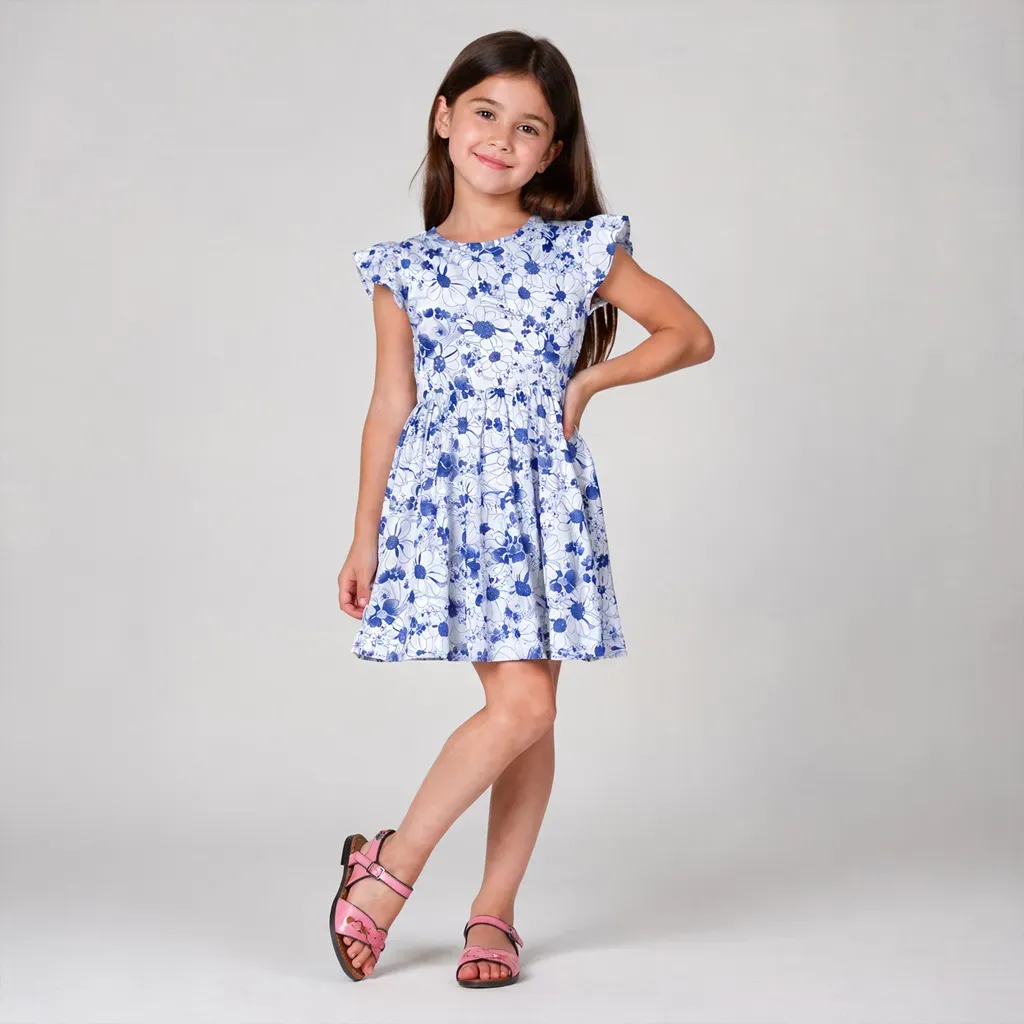 White & Blue Floral Dress with Ruffled Sleeves - Imported