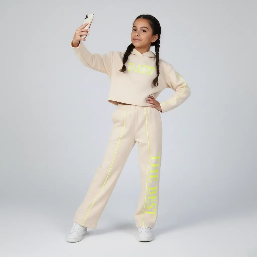 Girls' Two-Piece Winter Outfit Crop Hoodie And Wide-Leg Pants